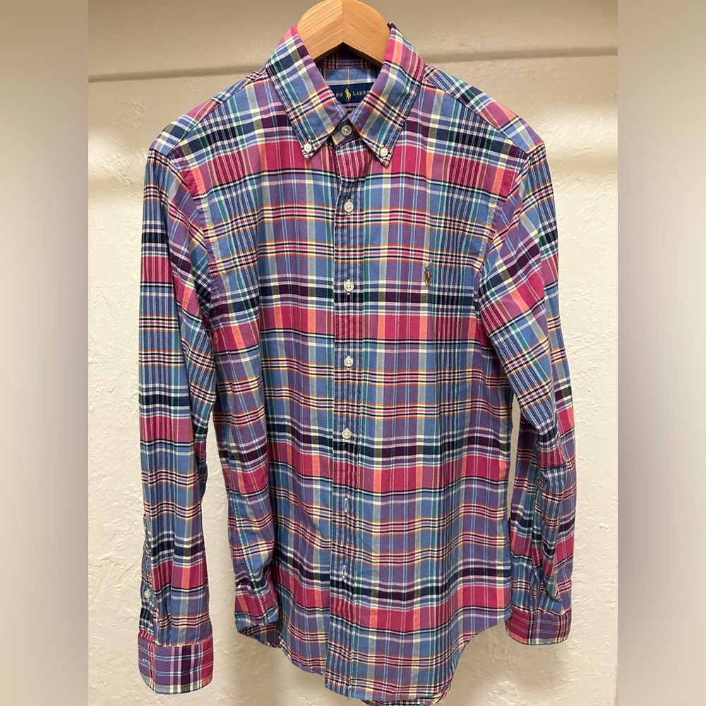 Polo Ralph Lauren 100% cotton madras plaid button down collar long sleeve shirt.
